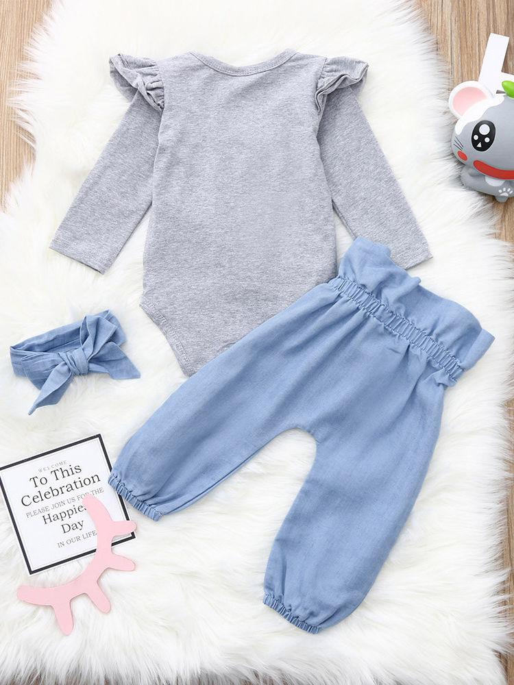 3-piece Casual Clothes Set Flutter Sleeve Grey Bodysuit and Big Bow Blue Pants and Headband - dianjiang-