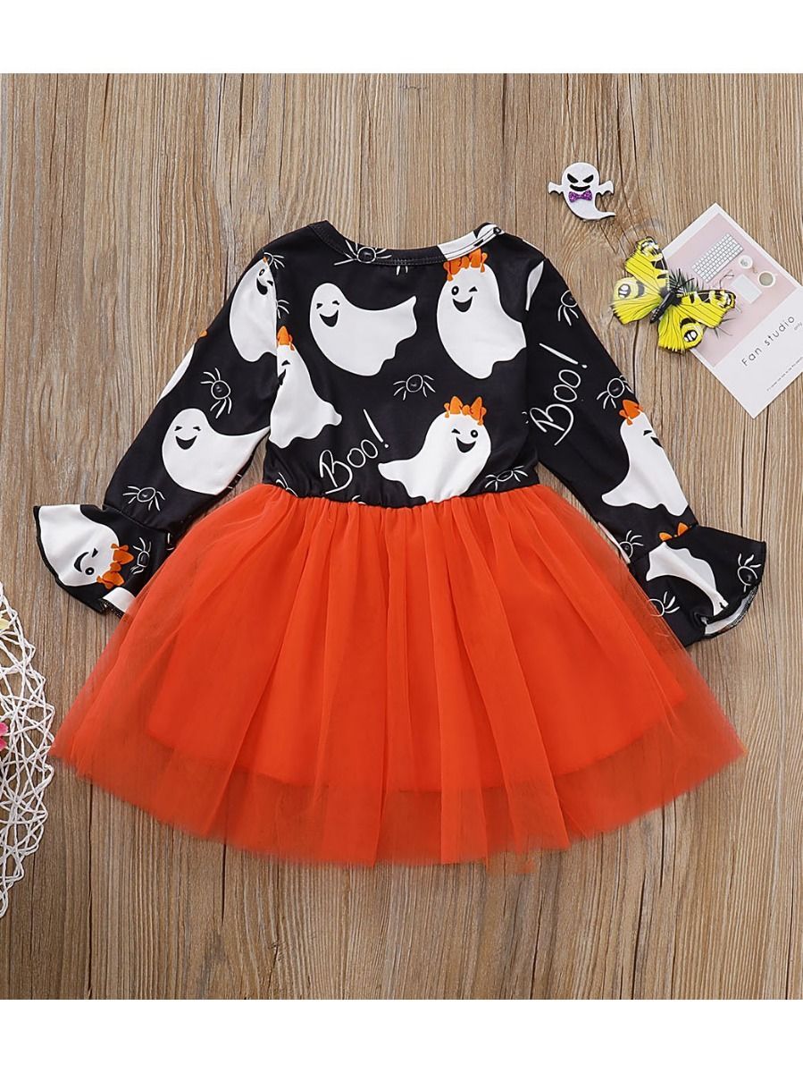 Ghost Print Flare Sleeve Tulle Patchwork Toddler Girl Halloween Dress - dianjiang-