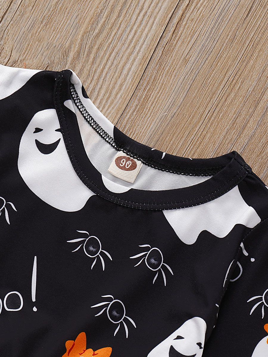 Ghost Print Flare Sleeve Tulle Patchwork Toddler Girl Halloween Dress - dianjiang-