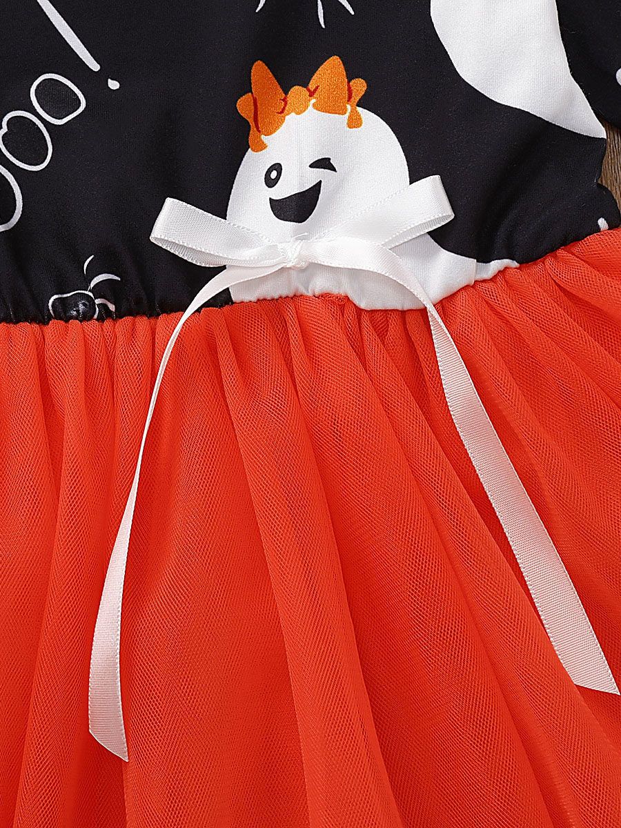 Ghost Print Flare Sleeve Tulle Patchwork Toddler Girl Halloween Dress - dianjiang-