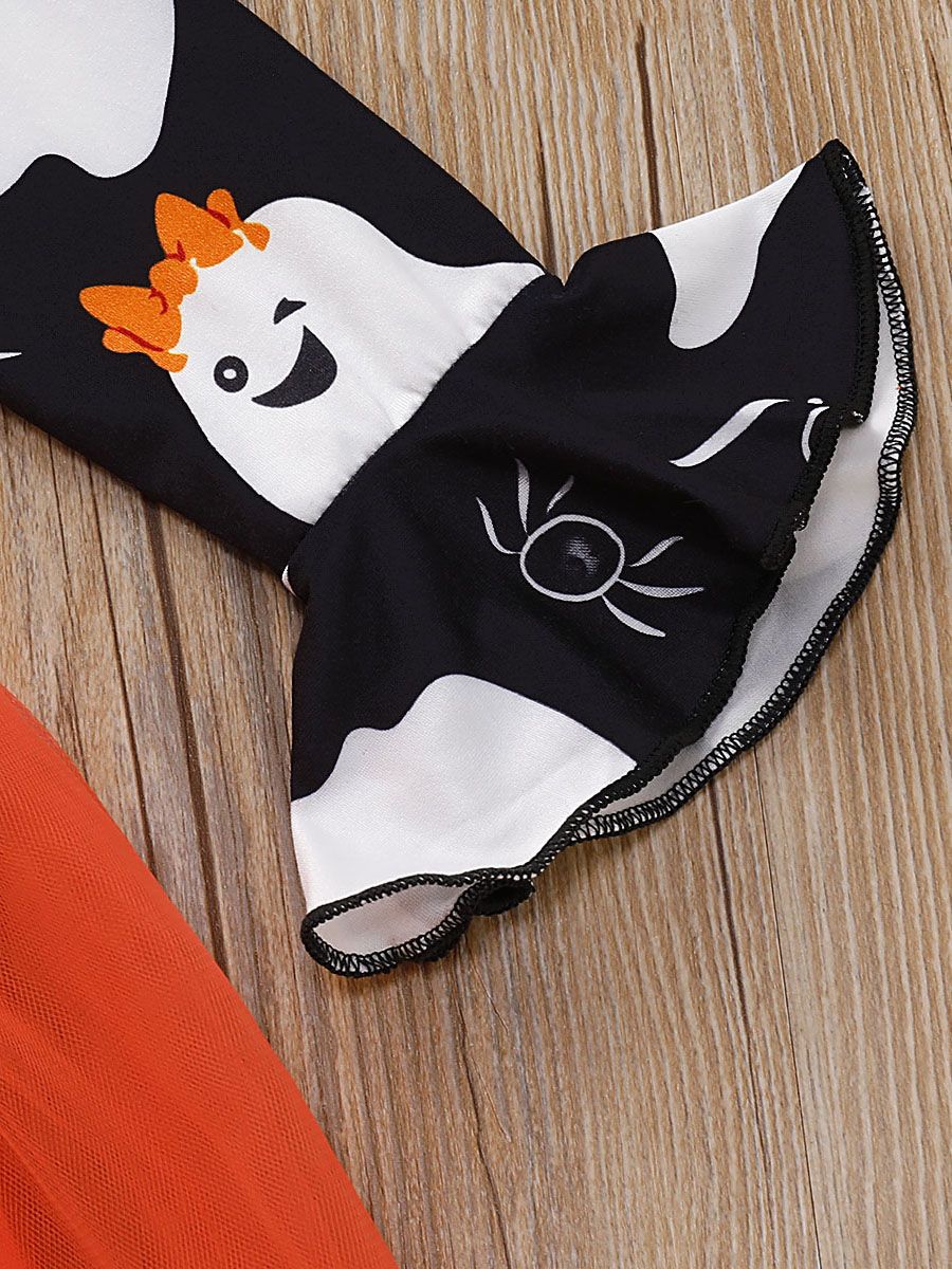 Ghost Print Flare Sleeve Tulle Patchwork Toddler Girl Halloween Dress - dianjiang-