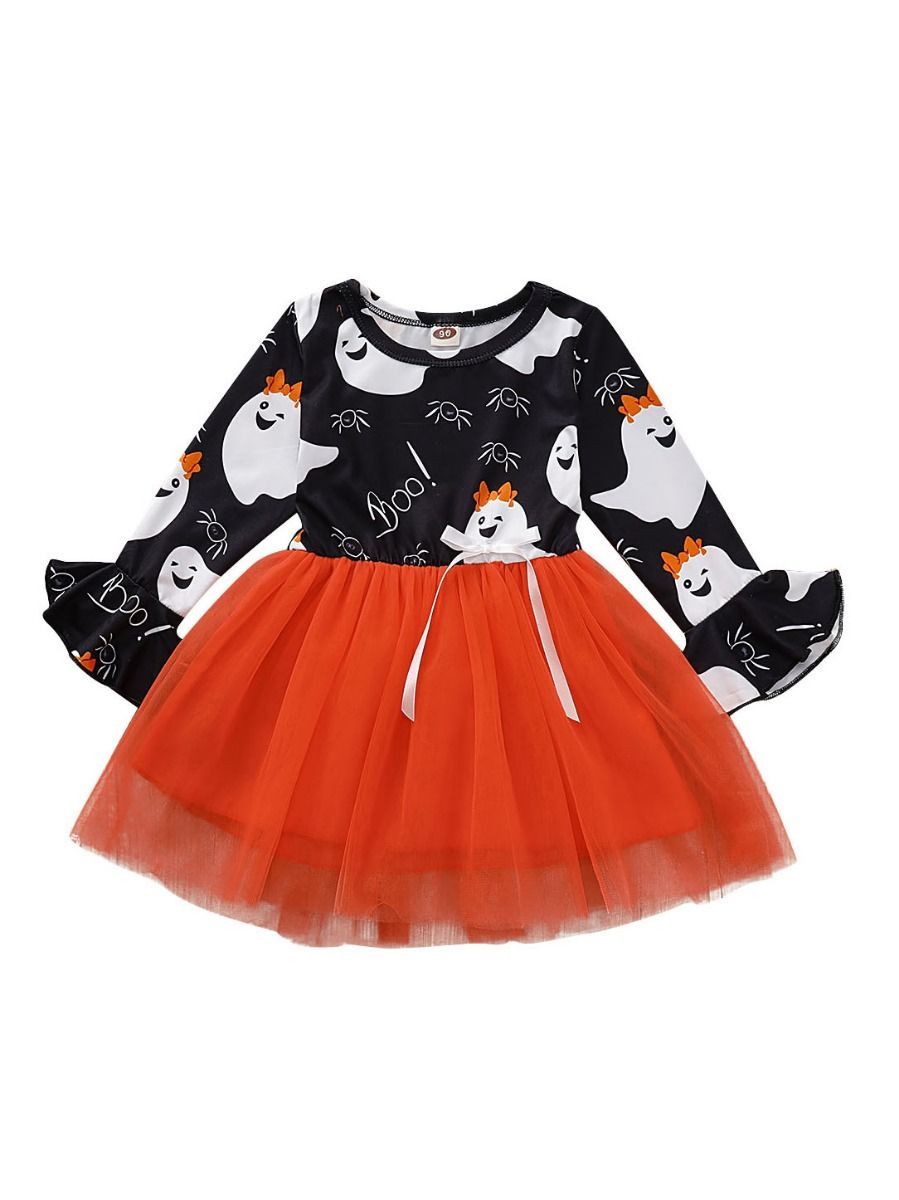 Ghost Print Flare Sleeve Tulle Patchwork Toddler Girl Halloween Dress - dianjiang-