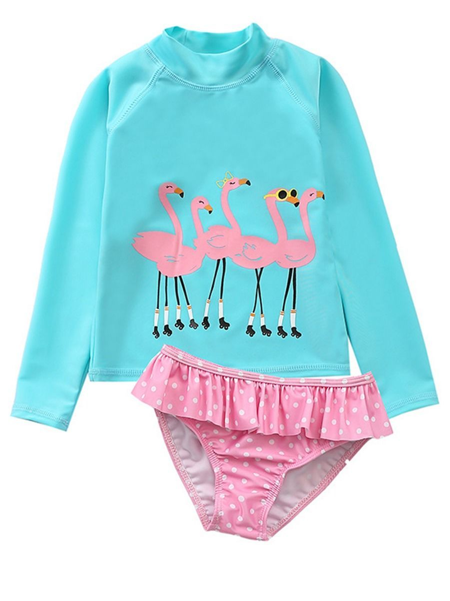 Little Girl Sun Protection Swimwear 2-Piece Set Long-sleeved Top+Frilled Shorts - dianjiang-