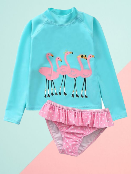 Little Girl Sun Protection Swimwear 2-Piece Set Long-sleeved Top+Frilled Shorts - dianjiang-