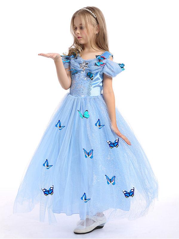 Solid Color Beaded Fluffy Butterfly Decorated Girls Princess Dress - dianjiang-