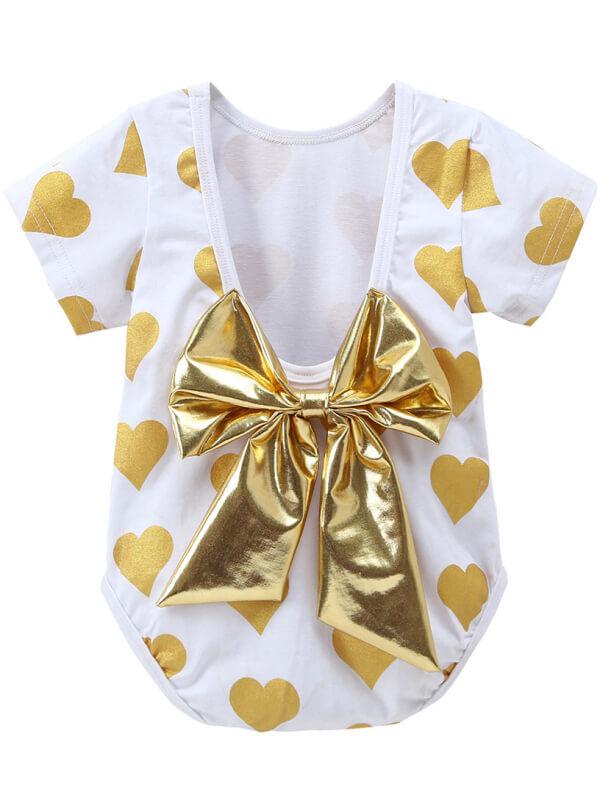 Hearts Pattern Printed Onesie Golden Bow Junpsuit for Babies - dianjiang-