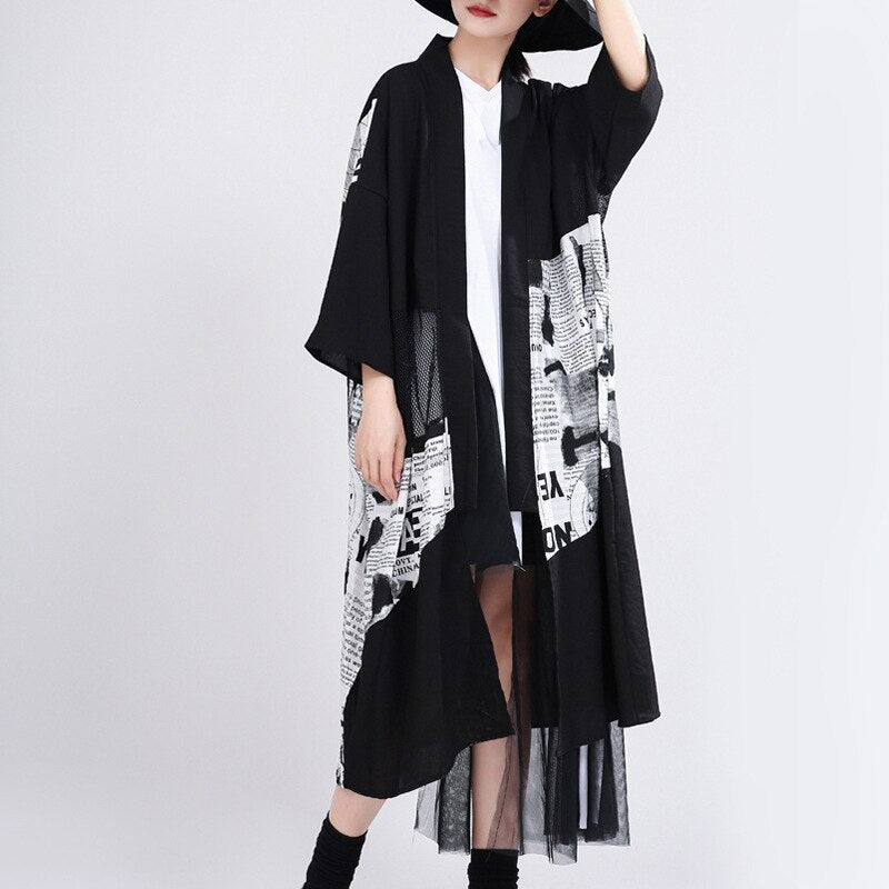 [EAM] Women Blakck Mesh Pattern Printed Big Size Trench New V-collar Long Sleeve Loose Fit Windbreaker Fashion Spring 2020 1T056 (Black One Size) - dianjiang-