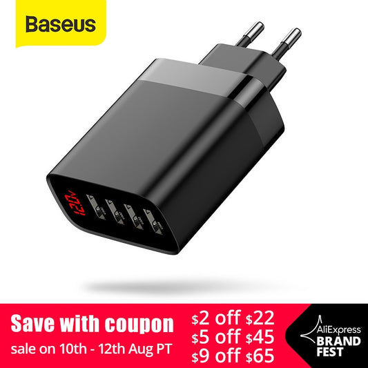 Baseus 4 Ports USB Charger 30W 5V/6A Max Phone Charger with Digital Display Portable Charger For Phone - dianjiang-