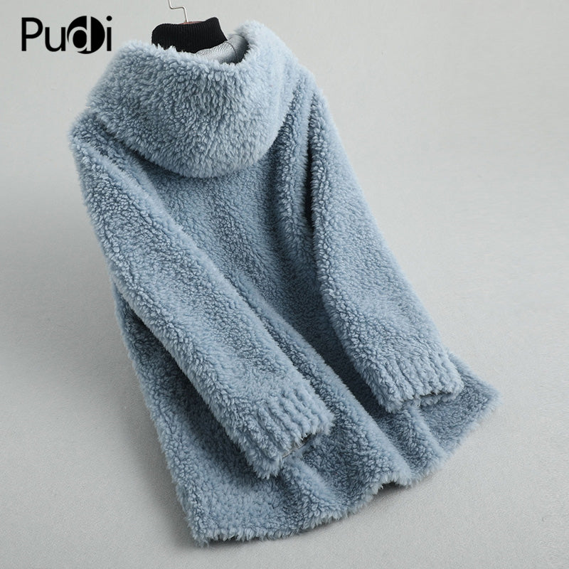 PUDI women winter real wool fur coat jacket female girl sheep shearing hooded coats lady fur parka jacket overcoats A59428 - dianjiang-