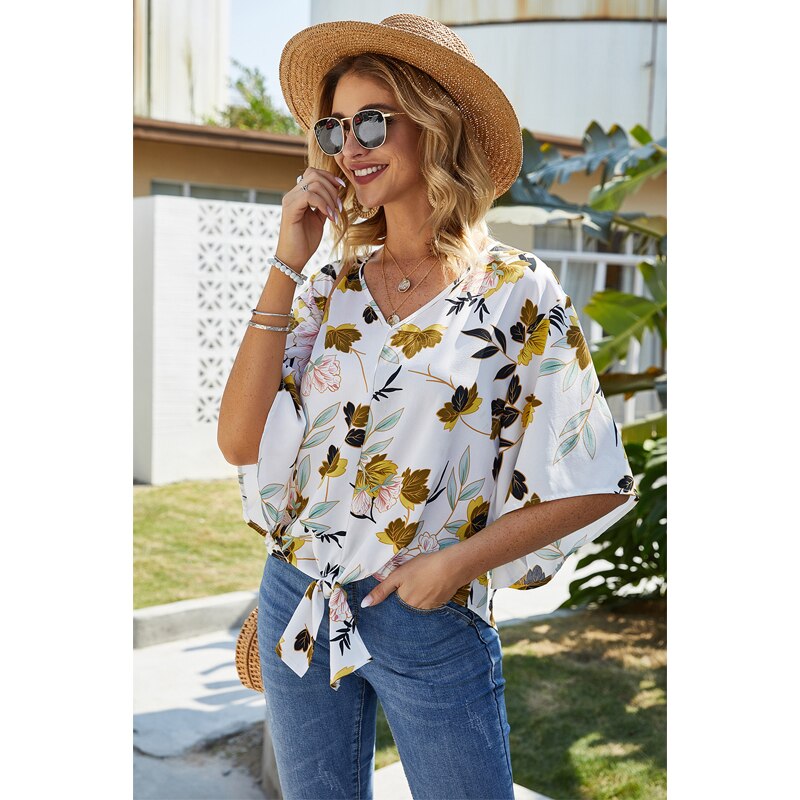 CINESSD Print Chiffon Blouse Women V Neck Flare Sleeves Floral Loose Casual Boho Shirts Knotted 2020 Office Ladies Tops Blouses - dianjiang-