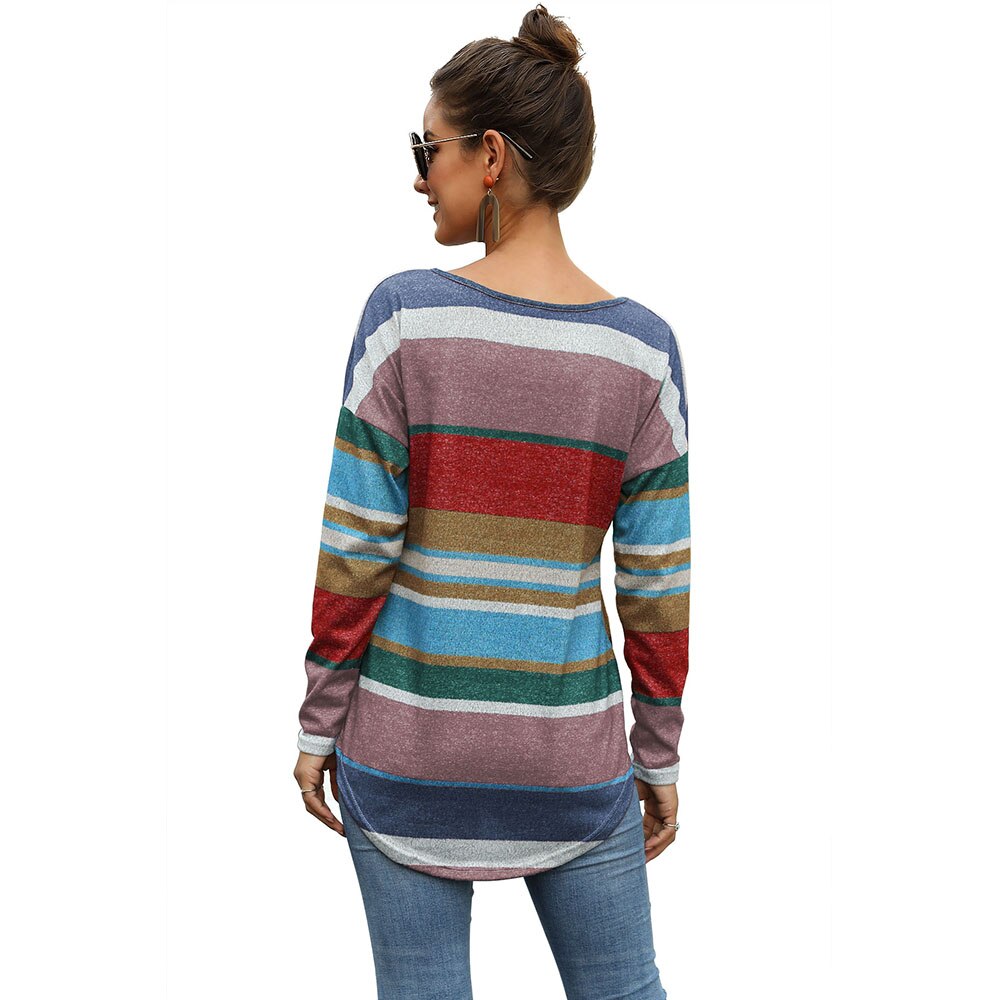 CINESSD Women MultiColor Striped Print Tee Shirts Round Neck Long Sleeves Casual Tops Slim Office Lady 2020 Elastic Tunic Tshirt - dianjiang-