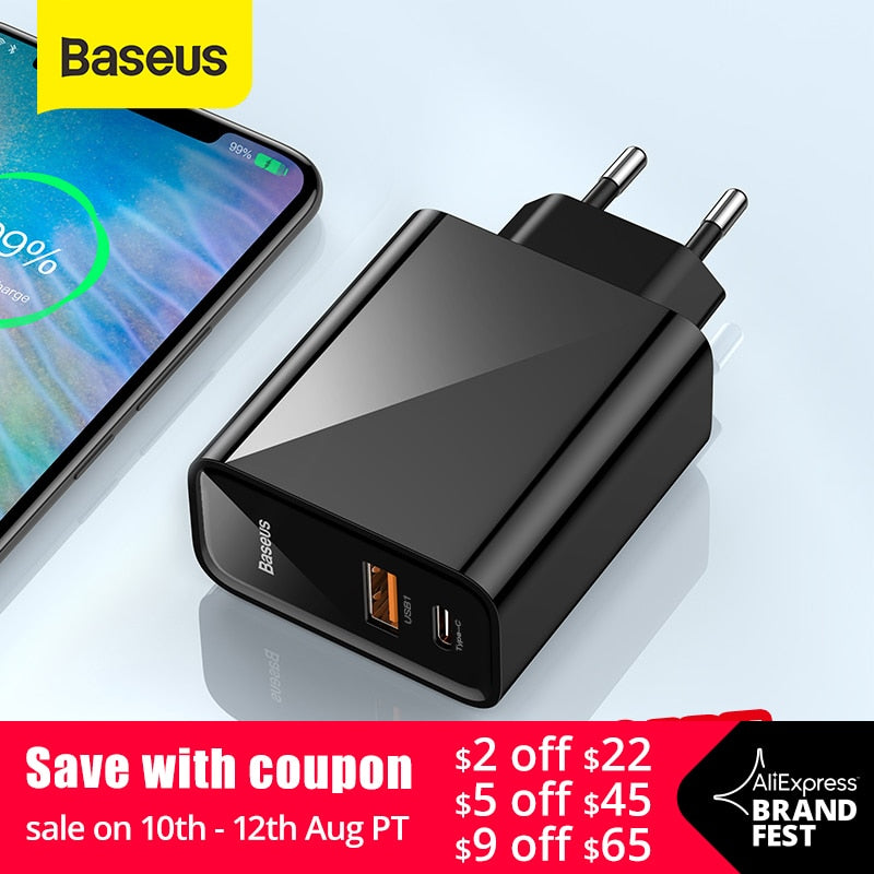 Baseus Dual USB Fast Charger 30W Support Quick Charge 4.0 3.0 Phone Charger Portable USB C PD Charger QC 4.0 3.0 ForXiaomi - dianjiang-