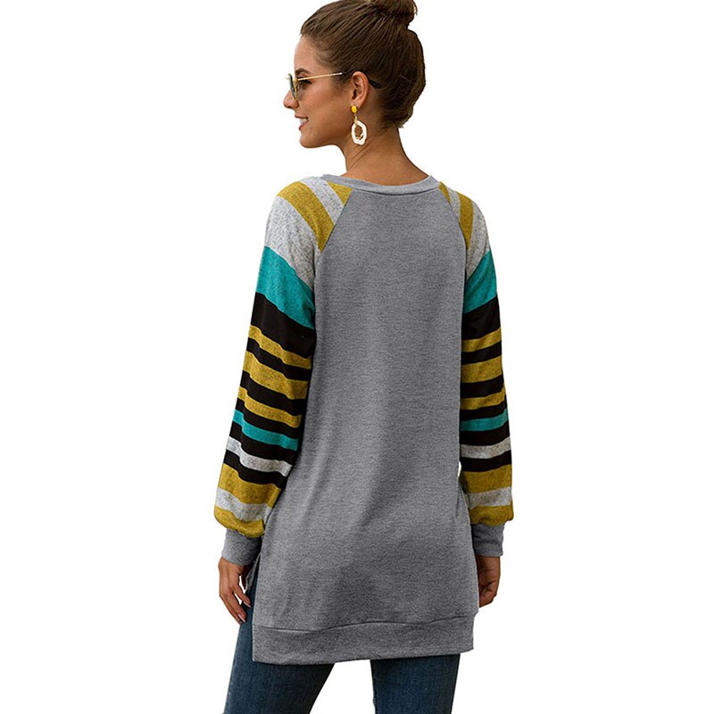 CINESSD Striped Patchwork Casual Tops Tee Shirt Women O Neck Long Sleeve Embroidery Split Loose Pullover Asymmetry Tunic Tshirt - dianjiang-