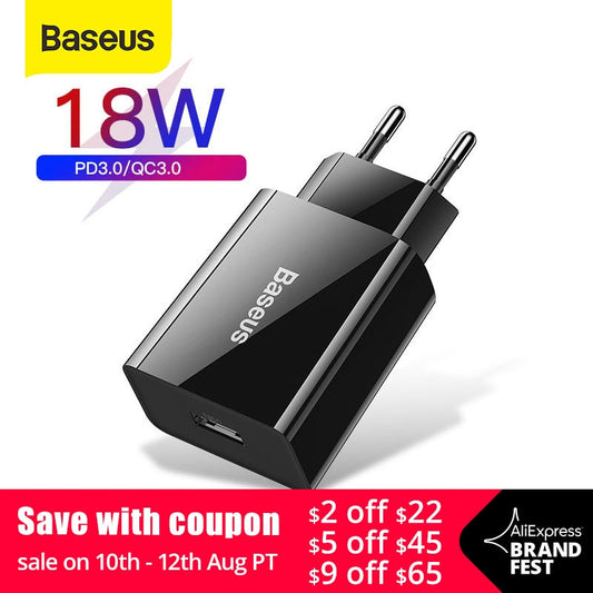 Baseus 18W Fast USB Charger Support Quick Charge 3.0 USB Type-C PD Charger Mini Portable Phone Charger ForHuawei ForXiaomi ForiP - dianjiang-