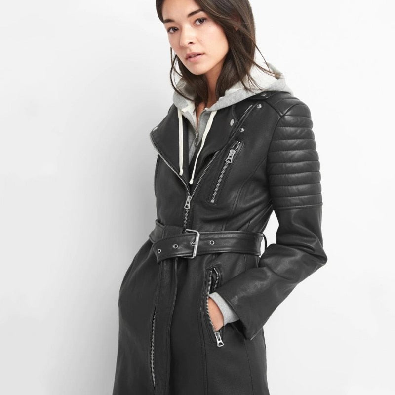 Street Brand Women 100% Real Leather Sheepskin Long Jacket Fashion 2020 Lapel Belt Biker Trench Coat Casual Black Outerwear - dianjiang-