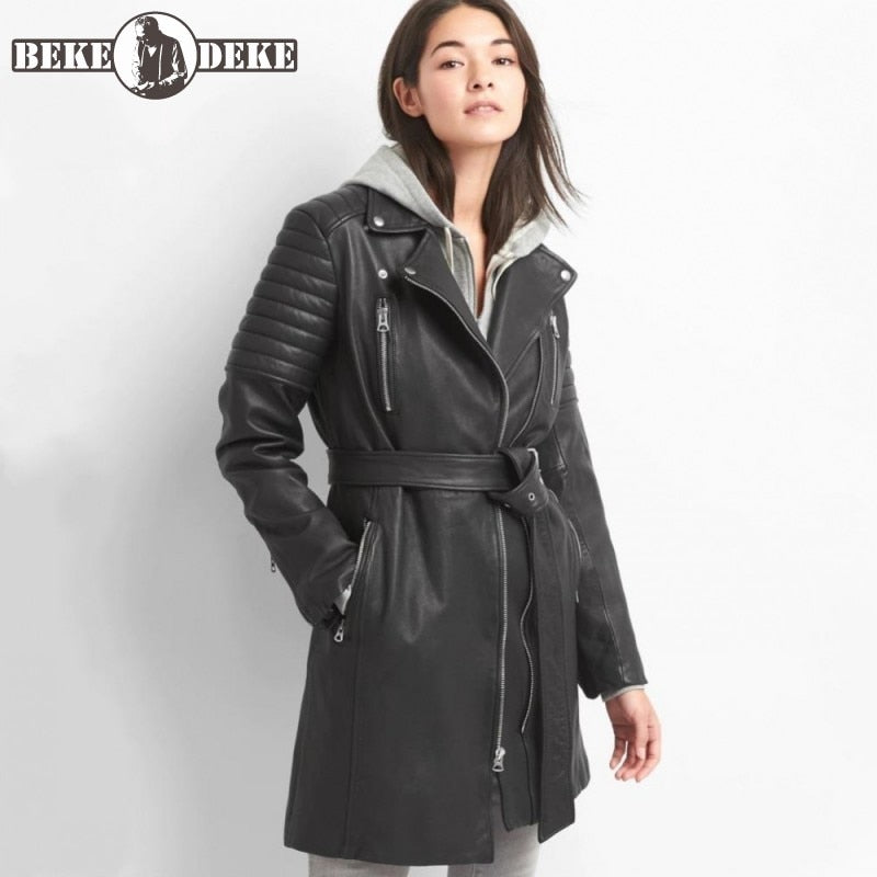 Street Brand Women 100% Real Leather Sheepskin Long Jacket Fashion 2020 Lapel Belt Biker Trench Coat Casual Black Outerwear - dianjiang-