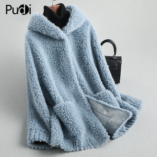 PUDI women winter real wool fur coat jacket female girl sheep shearing hooded coats lady fur parka jacket overcoats A59428 - dianjiang-