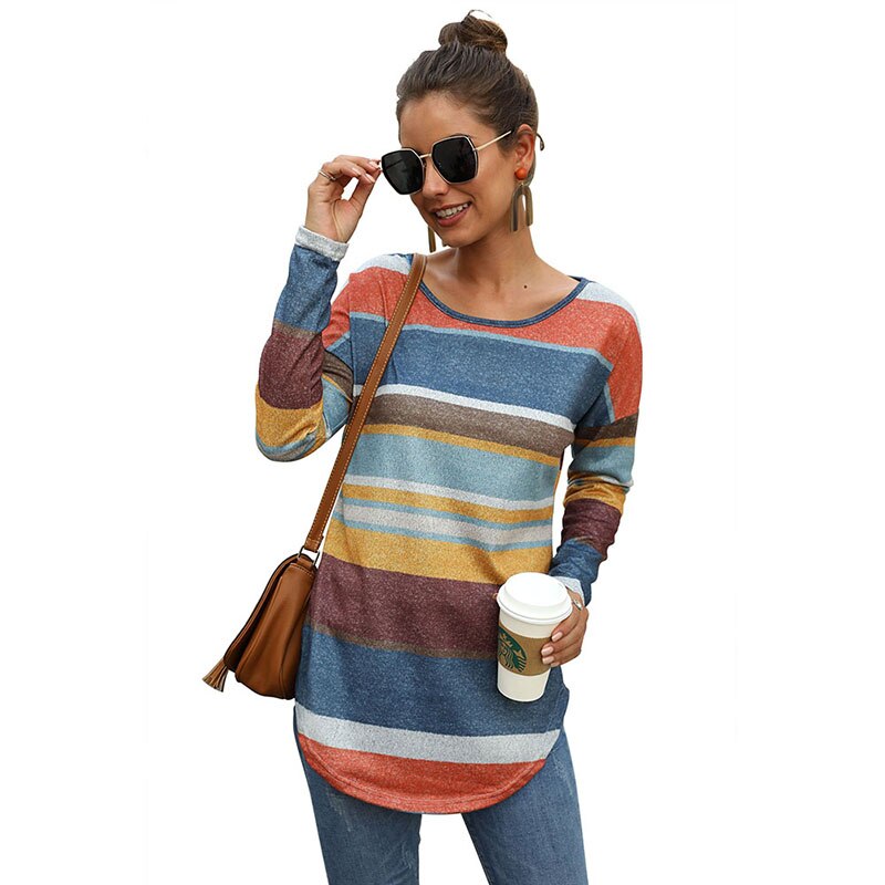 CINESSD Women MultiColor Striped Print Tee Shirts Round Neck Long Sleeves Casual Tops Slim Office Lady 2020 Elastic Tunic Tshirt - dianjiang-