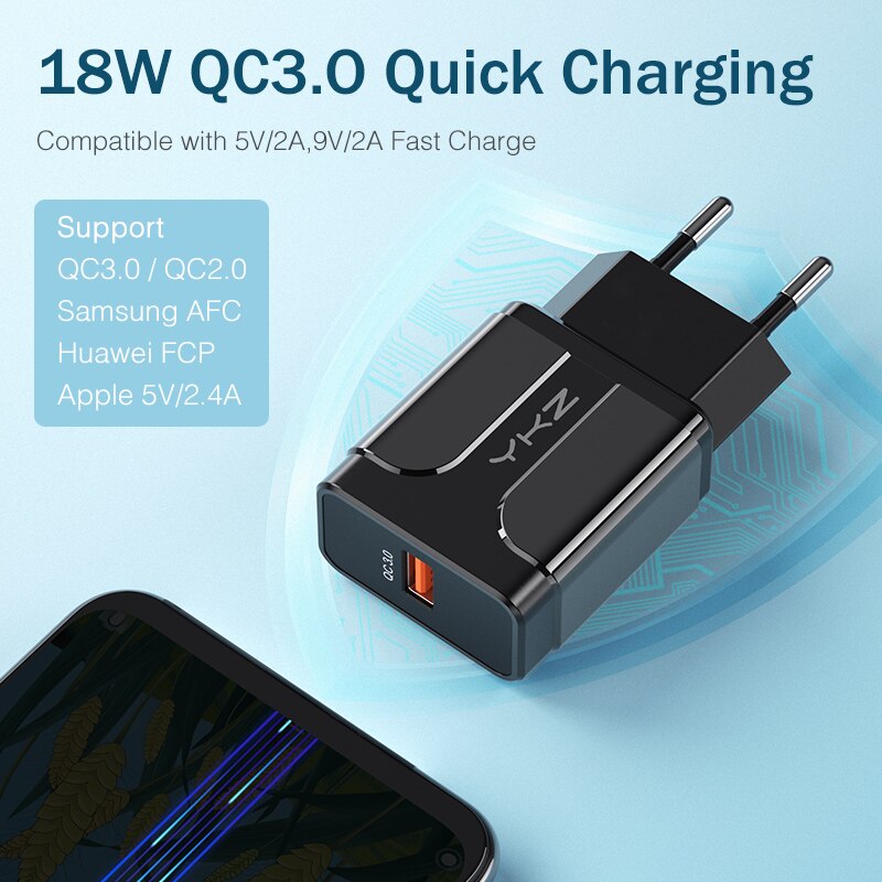 YKZ Mobile Phone Charger Quick Charge QC 3.0 4.0 18W Fast Charging EU US Plug Adapter Wall USB Charger For iPhone Samsung Xiaomi - dianjiang-