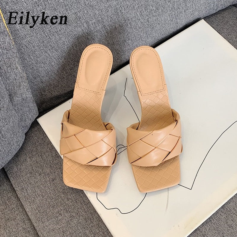 Eilyken Summer New Design Snake Print Square Toe Heels High Quality PU Leather Slippers Gladiator Sandals Womens Slides Shoes - dianjiang-