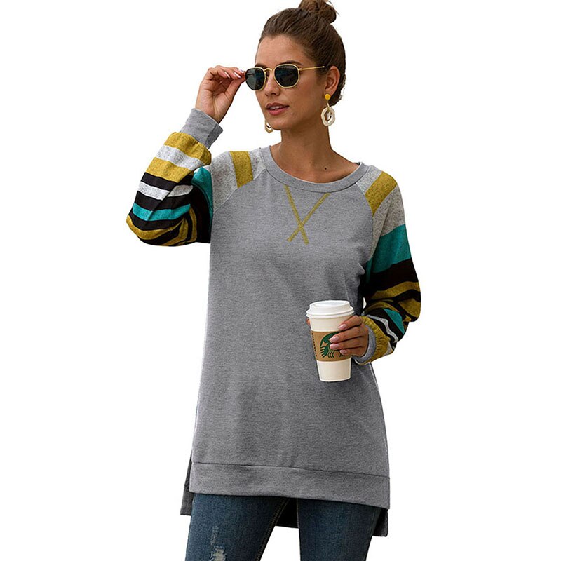 CINESSD Striped Patchwork Casual Tops Tee Shirt Women O Neck Long Sleeve Embroidery Split Loose Pullover Asymmetry Tunic Tshirt - dianjiang-
