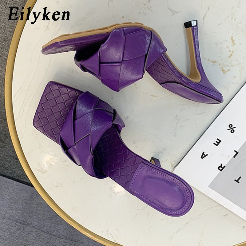 Eilyken Summer New Design Snake Print Square Toe Heels High Quality PU Leather Slippers Gladiator Sandals Womens Slides Shoes - dianjiang-