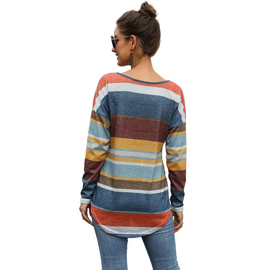 CINESSD Women MultiColor Striped Print Tee Shirts Round Neck Long Sleeves Casual Tops Slim Office Lady 2020 Elastic Tunic Tshirt - dianjiang-