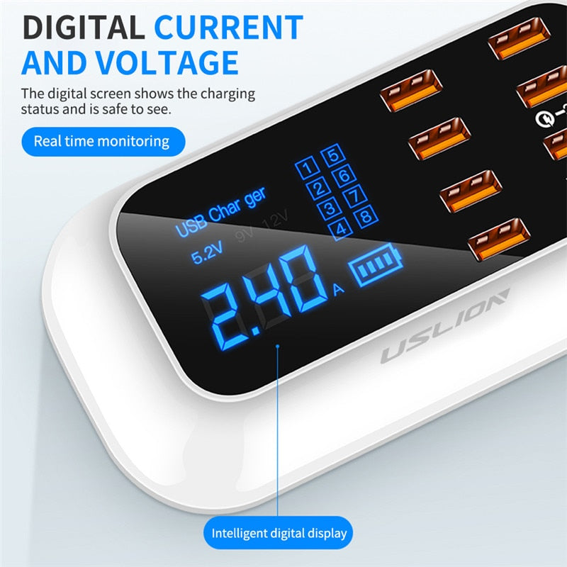 USLION 8 Port USB Charger HUB Quick Charge 3.0 LED Display Multi USB Charging Station Mobile Phone Desktop Wall Home EU Plug - dianjiang-