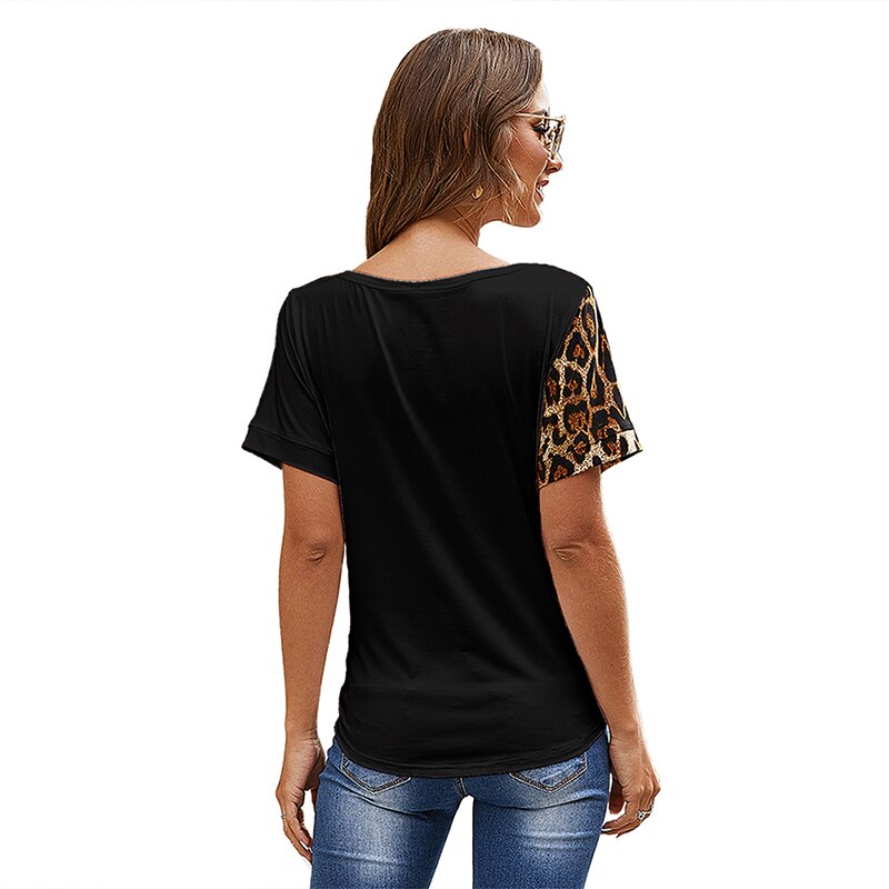 CINESSD Sexy V Neck Leopard Print Pocket Tshirt Women Tops Short Sleeves Cardigan Button Knotted Irregular Patchwork Tee Shirts - dianjiang-