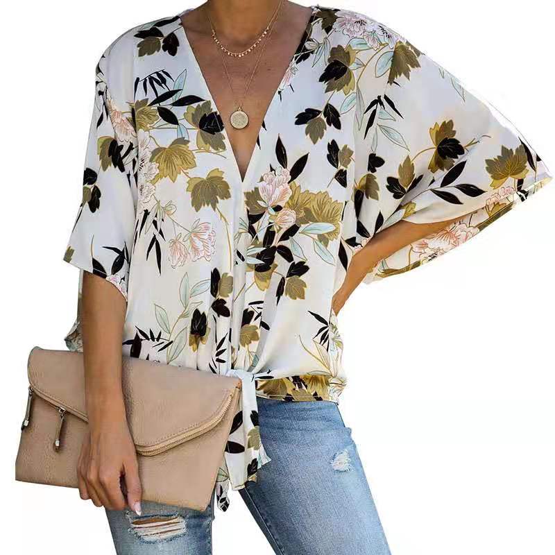 CINESSD Print Chiffon Blouse Women V Neck Flare Sleeves Floral Loose Casual Boho Shirts Knotted 2020 Office Ladies Tops Blouses - dianjiang-