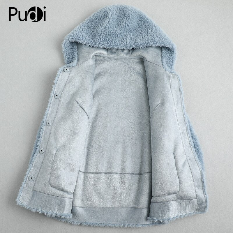 PUDI women winter real wool fur coat jacket female girl sheep shearing hooded coats lady fur parka jacket overcoats A59428 - dianjiang-