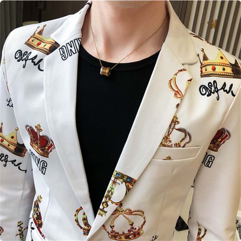 Crown Printing Men's Blazer Wedding Busines Clothing Men's Slim Tuxedo Spring Casual Men's Party Stage Formal Suit Dress Jacket - dianjiang-