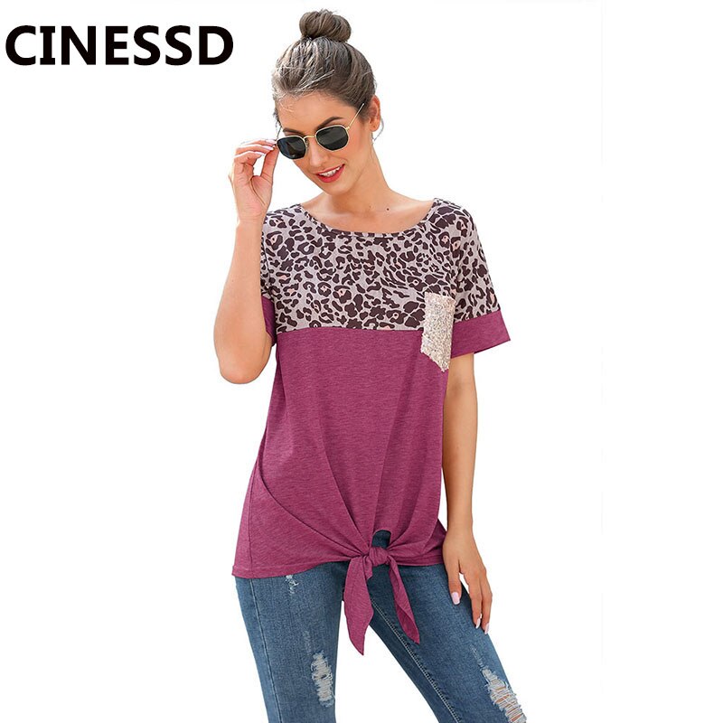 CINESSD Women Short Sleeves Tee Shirts Round Neck Leopard Patchwork Pocket Sequin Tops 2020 Knotted Spring Summer Loose Tshirt - dianjiang-