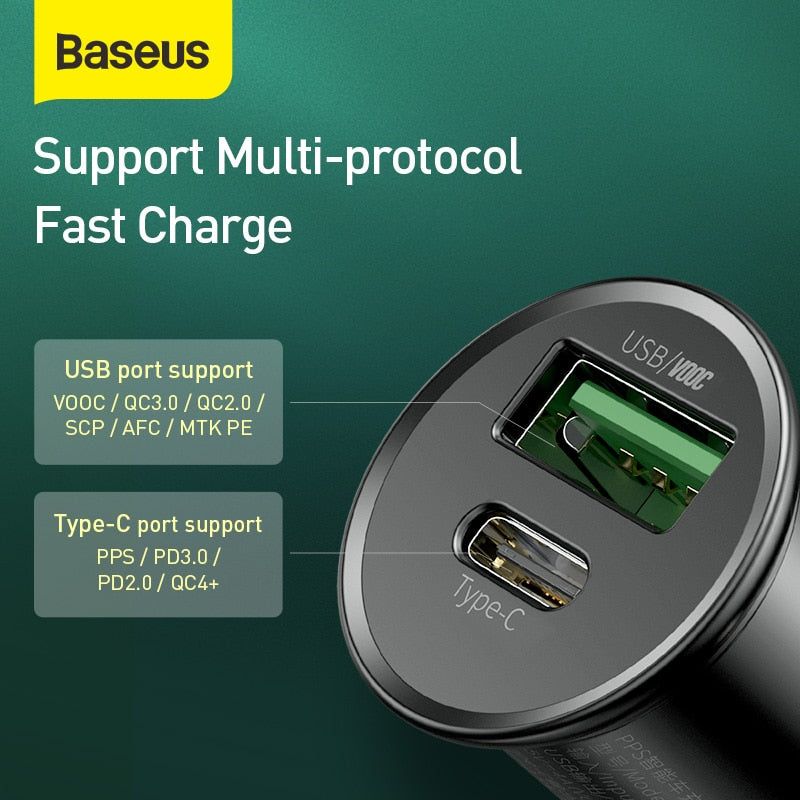 Baseus 30W Metal Car Charger for Samsung AFC Quick Charge 4.0 for Xiaomi Huawei SCP Auto Type C PD Fast Car Mobile Phone Charger - dianjiang-