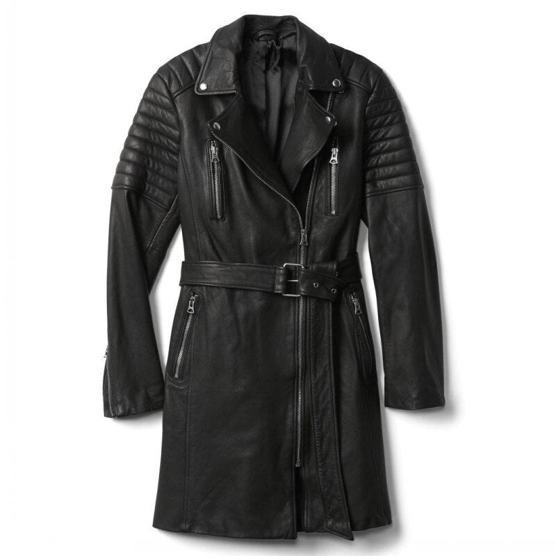 Street Brand Women 100% Real Leather Sheepskin Long Jacket Fashion 2020 Lapel Belt Biker Trench Coat Casual Black Outerwear - dianjiang-