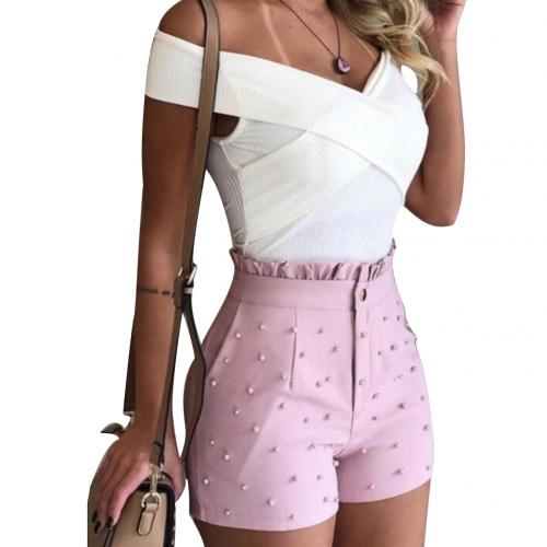 2020 new Fashion Solid Color High Waist Button Ruffled Beaded Summer Women Shorts Button Ruffled Beaded Summer Women Shorts - dianjiang-