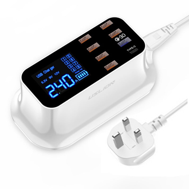 USLION 8 Port USB Charger HUB Quick Charge 3.0 LED Display Multi USB Charging Station Mobile Phone Desktop Wall Home EU Plug - dianjiang-