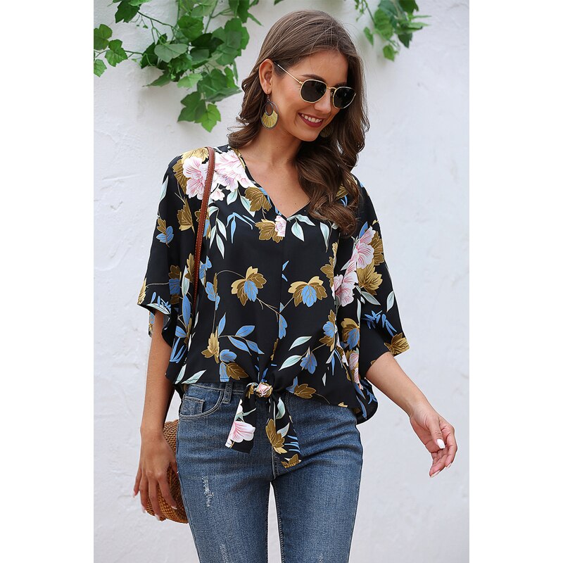 CINESSD Print Chiffon Blouse Women V Neck Flare Sleeves Floral Loose Casual Boho Shirts Knotted 2020 Office Ladies Tops Blouses - dianjiang-