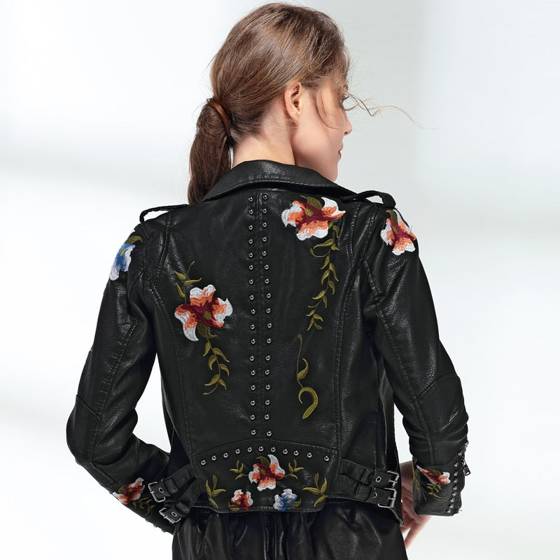 Ftlzz Women Floral Print Embroidery Faux Soft Leather Jacket Coat  Turn-down Collar Casual Pu Motorcycle Black Punk Outerwear - dianjiang-