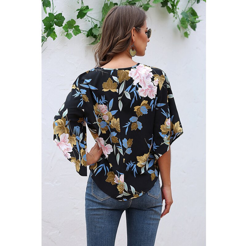 CINESSD Print Chiffon Blouse Women V Neck Flare Sleeves Floral Loose Casual Boho Shirts Knotted 2020 Office Ladies Tops Blouses - dianjiang-