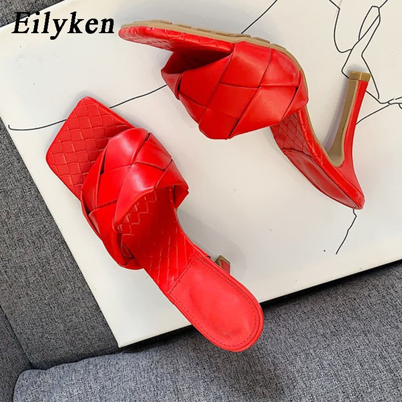 Eilyken Summer New Design Snake Print Square Toe Heels High Quality PU Leather Slippers Gladiator Sandals Womens Slides Shoes - dianjiang-