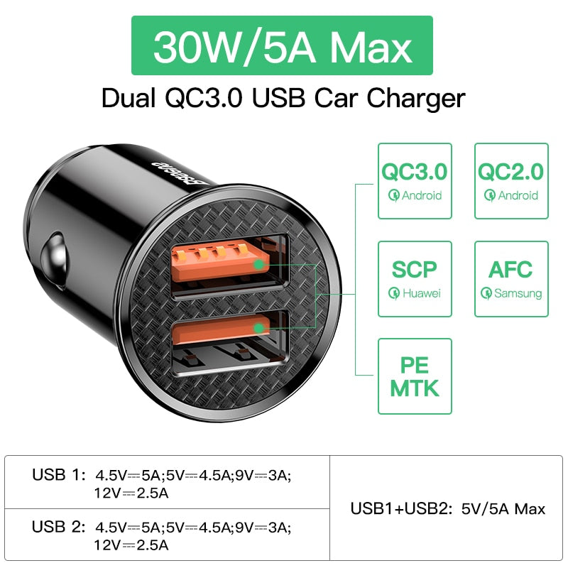 Baseus USB Car Charger Quick Charge 4.0 3.0 QC4.0 QC3.0 QC SCP 5A Type C PD Fast Car USB Charger For iPhone Xiaomi Mobile Phone - dianjiang-