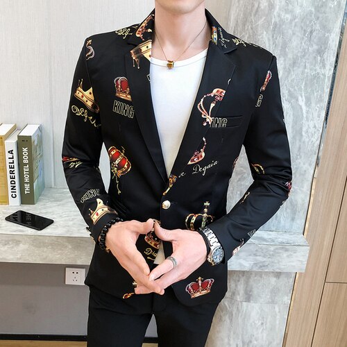 Crown Printing Men's Blazer Wedding Busines Clothing Men's Slim Tuxedo Spring Casual Men's Party Stage Formal Suit Dress Jacket - dianjiang-