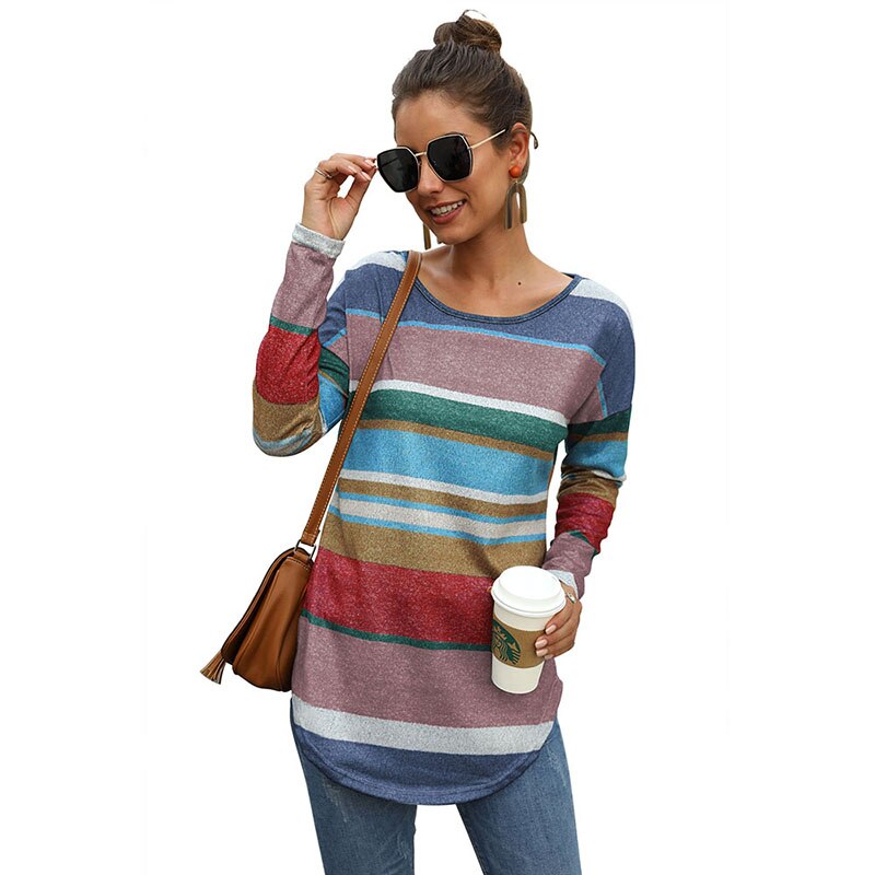 CINESSD Women MultiColor Striped Print Tee Shirts Round Neck Long Sleeves Casual Tops Slim Office Lady 2020 Elastic Tunic Tshirt - dianjiang-