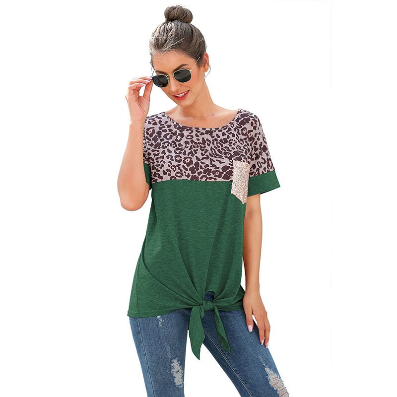 CINESSD Women Short Sleeves Tee Shirts Round Neck Leopard Patchwork Pocket Sequin Tops 2020 Knotted Spring Summer Loose Tshirt - dianjiang-