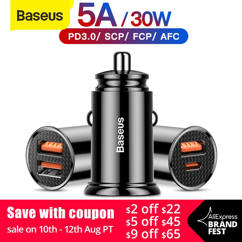 Baseus 30W Quick Charge 4.0 3.0 USB Car Charger For Xiao Mi9 Huawei Supercharge SCP QC4.0 QC3.0 Fast PD USB C Car Phone Charger - dianjiang-