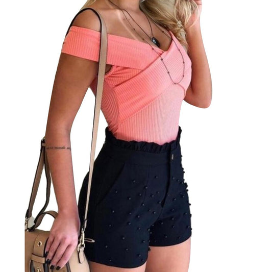 2020 new Fashion Solid Color High Waist Button Ruffled Beaded Summer Women Shorts Button Ruffled Beaded Summer Women Shorts - dianjiang-