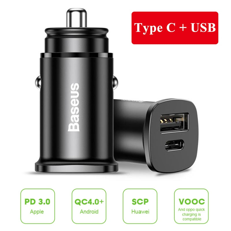 Baseus 30W Metal Car Charger for Samsung AFC Quick Charge 4.0 for Xiaomi Huawei SCP Auto Type C PD Fast Car Mobile Phone Charger - dianjiang-