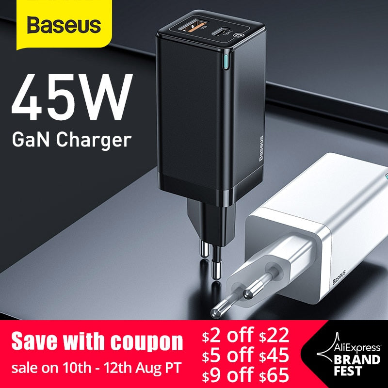 Baseus GaN Charger 45W PD USB C Charger With Quick Charge 4.0 3.0 Dual USB Ports Phone Charger ForiP ForXiaomi ForSamsung Laptop - dianjiang-