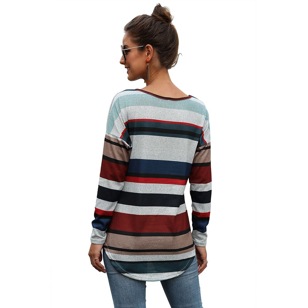 CINESSD Women MultiColor Striped Print Tee Shirts Round Neck Long Sleeves Casual Tops Slim Office Lady 2020 Elastic Tunic Tshirt - dianjiang-